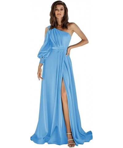 One Shoulder Long Sleeve Satin Prom Dresses with Slit Ball Gown Formal Gowns Ocean Blue $34.79 Dresses