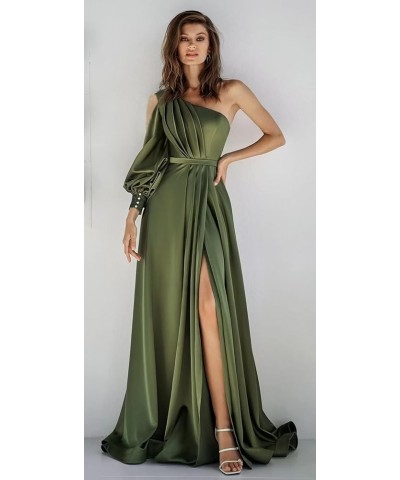 One Shoulder Long Sleeve Satin Prom Dresses with Slit Ball Gown Formal Gowns Ocean Blue $34.79 Dresses