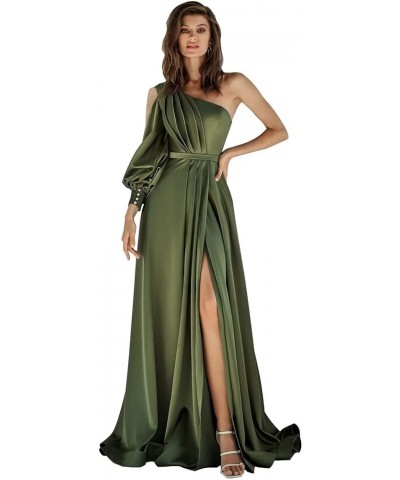 One Shoulder Long Sleeve Satin Prom Dresses with Slit Ball Gown Formal Gowns Ocean Blue $34.79 Dresses