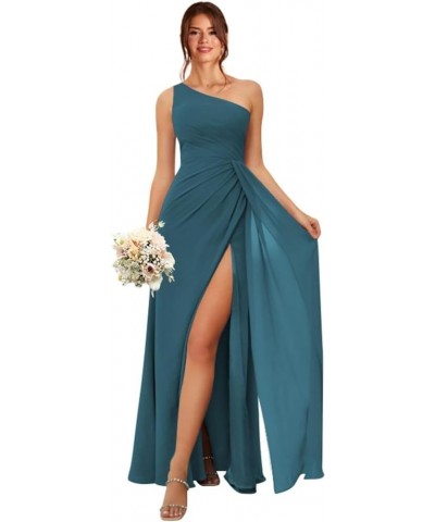 One Shoulder Bridesmaid Dresses for Women A Line Pleated Formal Dress with Slit YMS310 Teal $28.04 Dresses