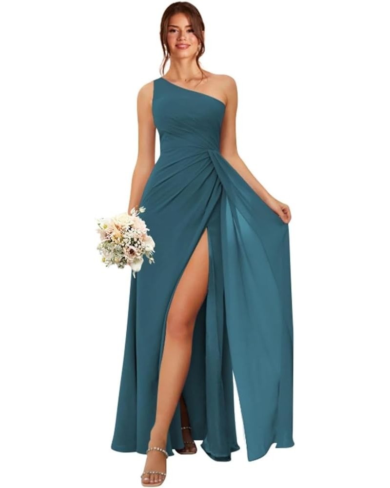 One Shoulder Bridesmaid Dresses for Women A Line Pleated Formal Dress with Slit YMS310 Teal $28.04 Dresses