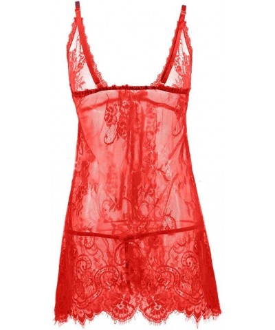 Lingerie for Women Naughty Lace Babydoll Chemise Sexy V Neck Nighty Mesh Sleepwear Boudoir Outfits Teddy Nightdress Z2-red $8...