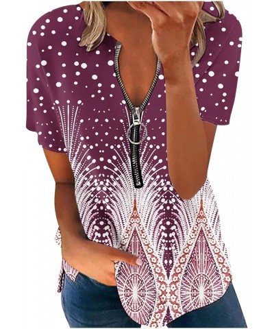 Womens Half Zipper Tops 2023 Summer Casual Dressy Short Sleeve V Neck T Shirts Cute Print Tees Trendy Tunic Fashion Blouses G...