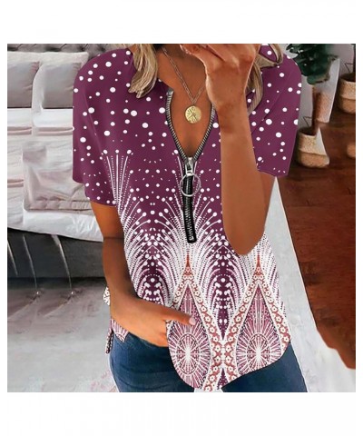 Womens Half Zipper Tops 2023 Summer Casual Dressy Short Sleeve V Neck T Shirts Cute Print Tees Trendy Tunic Fashion Blouses G...