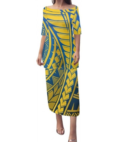 Women Puletasi Samoan Dress Polynesian Tribal Tatau Print Half Sleeve Top Skirt Two Piece Set Yellow Blue American Samoa $19....