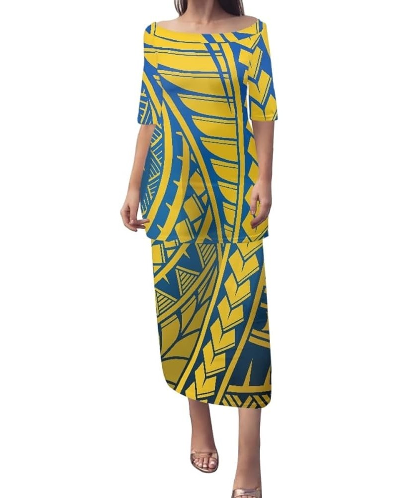 Women Puletasi Samoan Dress Polynesian Tribal Tatau Print Half Sleeve Top Skirt Two Piece Set Yellow Blue American Samoa $19....