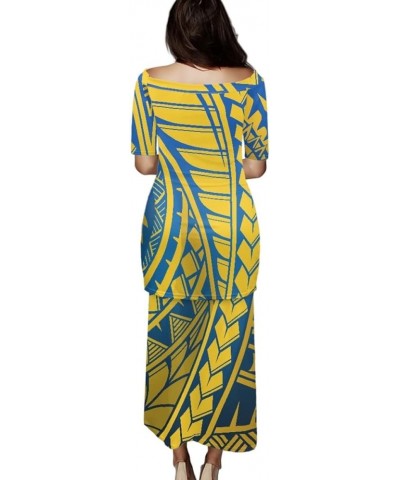 Women Puletasi Samoan Dress Polynesian Tribal Tatau Print Half Sleeve Top Skirt Two Piece Set Yellow Blue American Samoa $19....