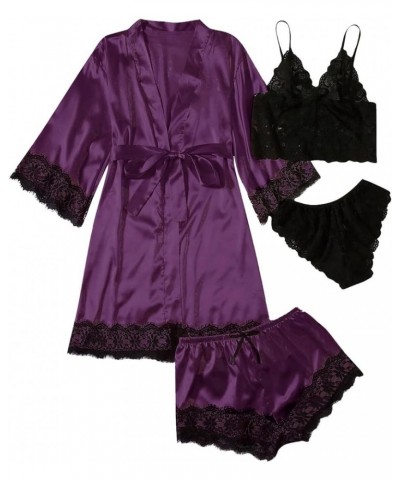 Womens Pajamas 4 Piece Pjs Sets Silk Satin Nightgown Lace Lingerie and Shorts Soft Sleepwear Lounge Set with Robe D-purple $7...