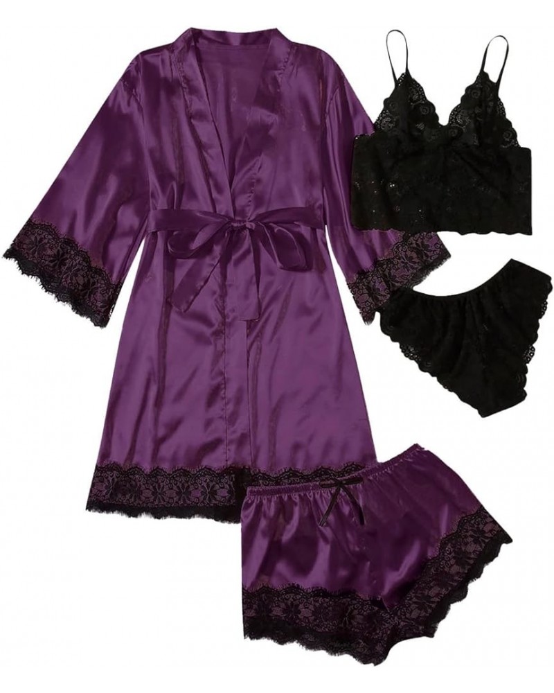 Womens Pajamas 4 Piece Pjs Sets Silk Satin Nightgown Lace Lingerie and Shorts Soft Sleepwear Lounge Set with Robe D-purple $7...