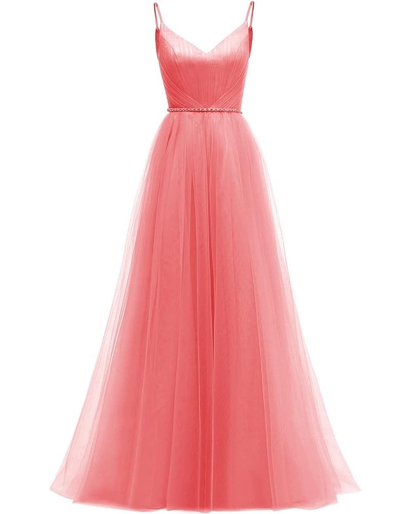 Tulle Bridesmaid Dresses Long V-Neck Spaghetti Straps Beaded Belt Wedding Evening Prom Gowns Coral $46.74 Dresses