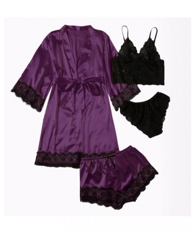 Womens Pajamas 4 Piece Pjs Sets Silk Satin Nightgown Lace Lingerie and Shorts Soft Sleepwear Lounge Set with Robe D-purple $7...