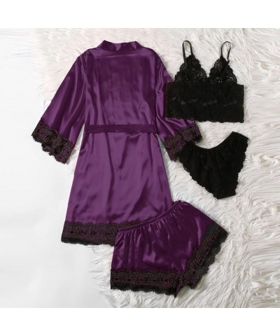 Womens Pajamas 4 Piece Pjs Sets Silk Satin Nightgown Lace Lingerie and Shorts Soft Sleepwear Lounge Set with Robe D-purple $7...