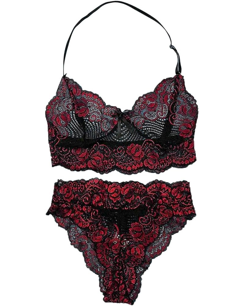 Halter Lace Women's Lingerie, Sleep & Lounge Matching Bra and Panty Set Slutty 3 Piece Bodysuit Lingerie Set Clubwear Xj1-red...