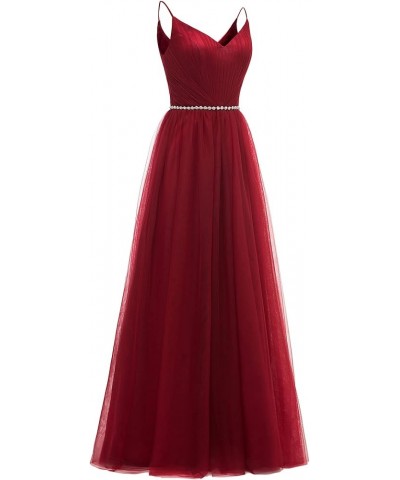 Tulle Bridesmaid Dresses Long V-Neck Spaghetti Straps Beaded Belt Wedding Evening Prom Gowns Coral $46.74 Dresses