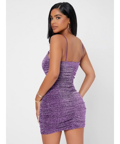 Women's Glitter Sleeveless Ruched Party Clubwear Bodycon Mini Dress Violet Purple $9.68 Dresses