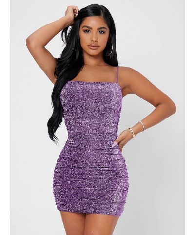 Women's Glitter Sleeveless Ruched Party Clubwear Bodycon Mini Dress Violet Purple $9.68 Dresses