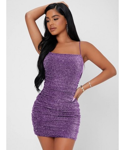 Women's Glitter Sleeveless Ruched Party Clubwear Bodycon Mini Dress Violet Purple $9.68 Dresses