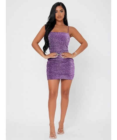 Women's Glitter Sleeveless Ruched Party Clubwear Bodycon Mini Dress Violet Purple $9.68 Dresses