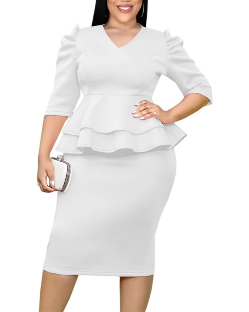 Women V-Neck Plus Size Peplum Dress Church Wear to Work Bodycon Short Sleeve Midi Dresses White $17.20 Dresses