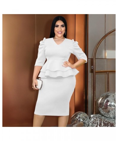 Women V-Neck Plus Size Peplum Dress Church Wear to Work Bodycon Short Sleeve Midi Dresses White $17.20 Dresses