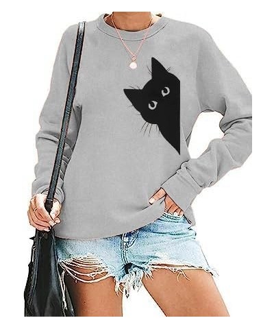 Women's Funny Cat Print Sweatshirt Long Sleeve Pullover Lightweight Hoodie Shirt Grey $13.74 T-Shirts