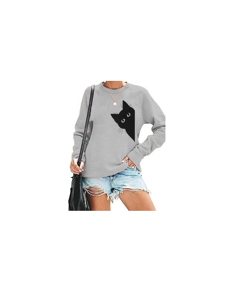 Women's Funny Cat Print Sweatshirt Long Sleeve Pullover Lightweight Hoodie Shirt Grey $13.74 T-Shirts