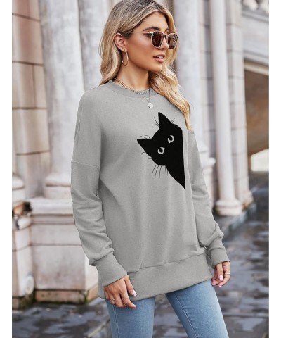 Women's Funny Cat Print Sweatshirt Long Sleeve Pullover Lightweight Hoodie Shirt Grey $13.74 T-Shirts