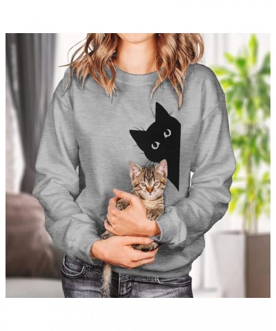 Women's Funny Cat Print Sweatshirt Long Sleeve Pullover Lightweight Hoodie Shirt Grey $13.74 T-Shirts