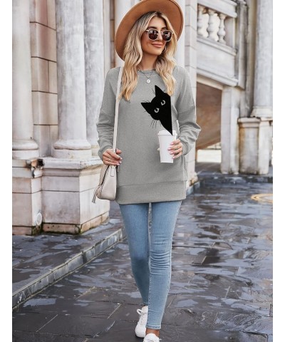 Women's Funny Cat Print Sweatshirt Long Sleeve Pullover Lightweight Hoodie Shirt Grey $13.74 T-Shirts