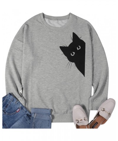 Women's Funny Cat Print Sweatshirt Long Sleeve Pullover Lightweight Hoodie Shirt Grey $13.74 T-Shirts