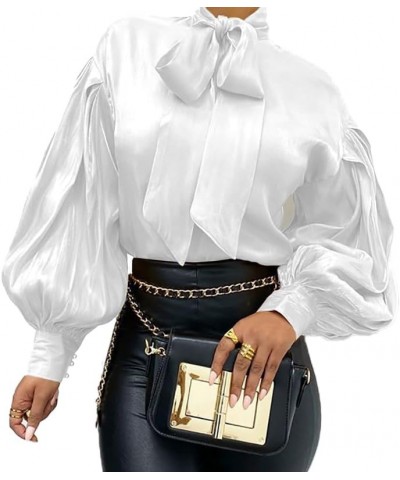 Womens Office Bow Tie Blouse Puff Long Sleeve Elegant Solid Color Casual Office Work Blouse Top White $14.16 Shirts