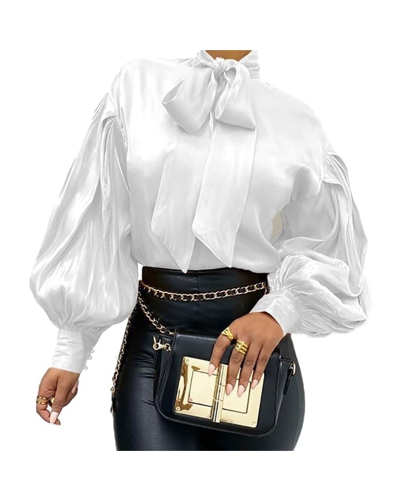 Womens Office Bow Tie Blouse Puff Long Sleeve Elegant Solid Color Casual Office Work Blouse Top White $14.16 Shirts