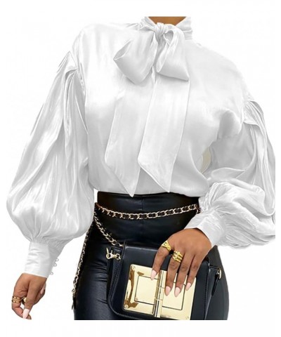 Womens Office Bow Tie Blouse Puff Long Sleeve Elegant Solid Color Casual Office Work Blouse Top White $14.16 Shirts