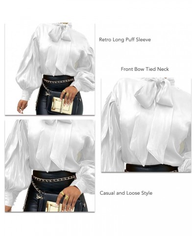 Womens Office Bow Tie Blouse Puff Long Sleeve Elegant Solid Color Casual Office Work Blouse Top White $14.16 Shirts