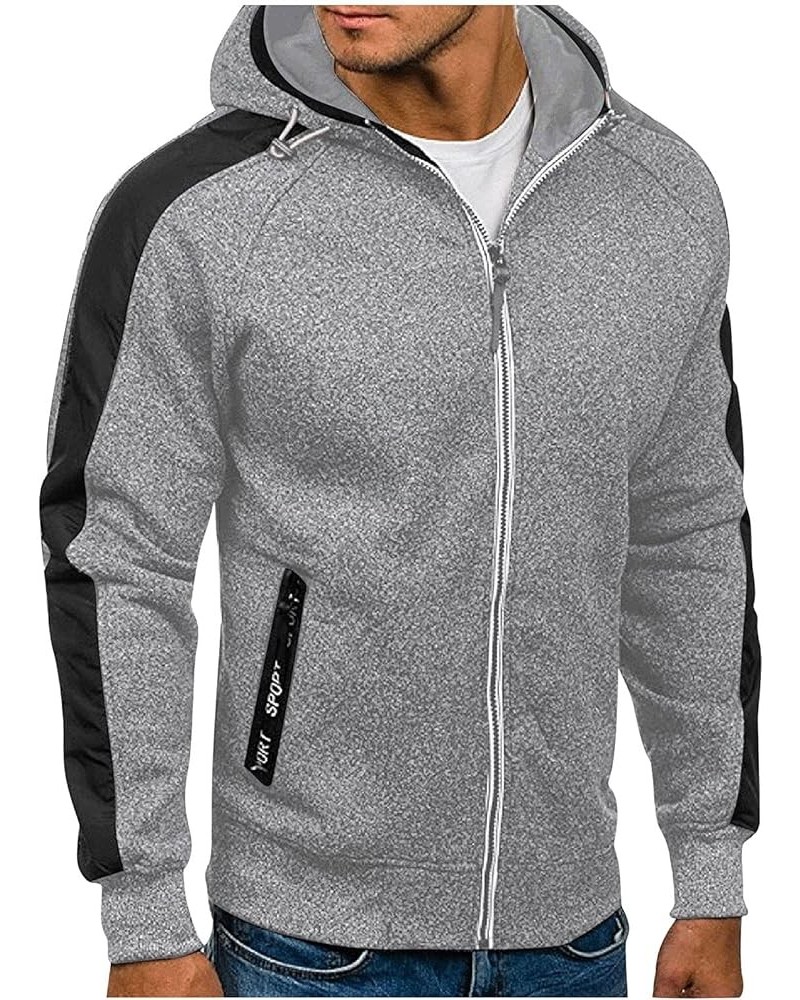 Mens Full Zip Hoodies 2023 Color Block Printed Long Sleeve Drawstring Sweatshirs Coat Sport Outwear Jacket With Pockets Grey-...