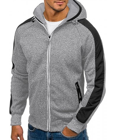 Mens Full Zip Hoodies 2023 Color Block Printed Long Sleeve Drawstring Sweatshirs Coat Sport Outwear Jacket With Pockets Grey-...