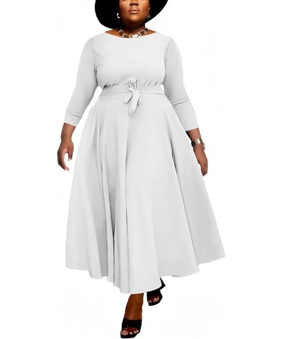 Women Plus Size Formal A Line Maxi Dress Self Tie Waist with Pockets Elegant Round Neck 3/4 Sleeve Swing Long Dresses A64 Pur...