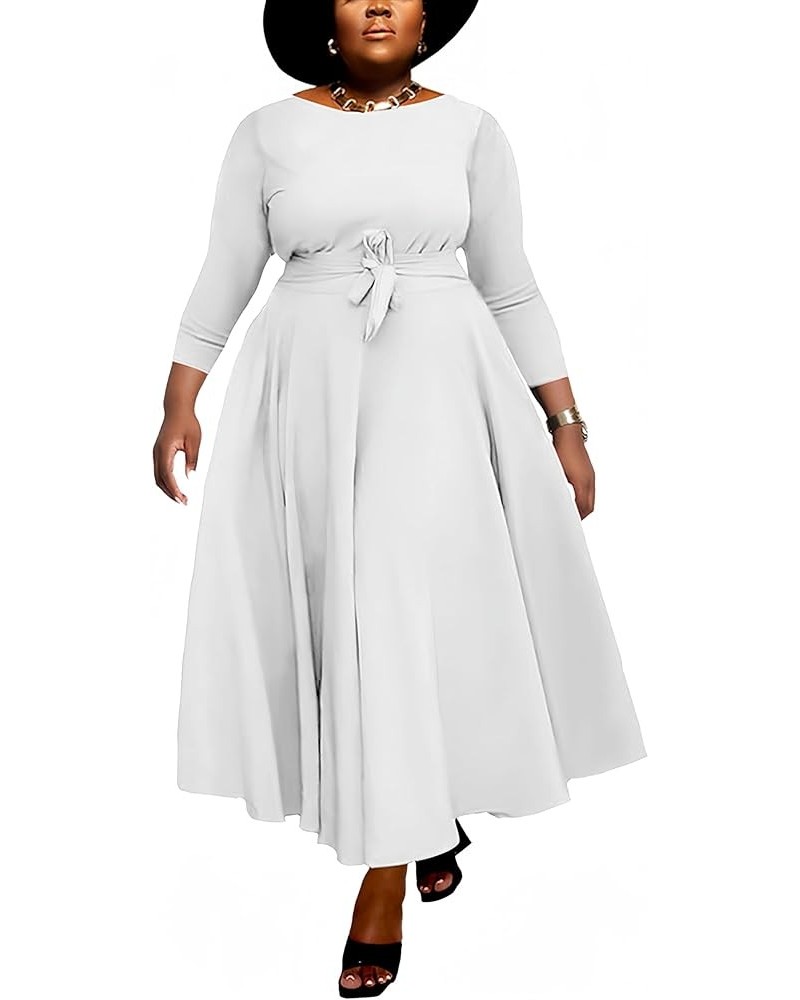 Women Plus Size Formal A Line Maxi Dress Self Tie Waist with Pockets Elegant Round Neck 3/4 Sleeve Swing Long Dresses A64 Pur...