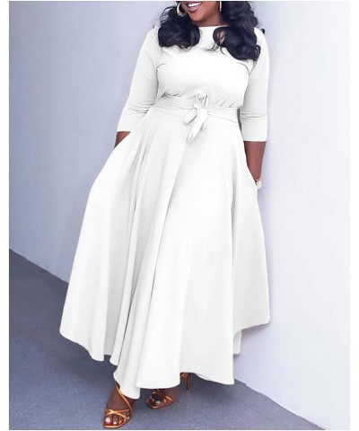 Women Plus Size Formal A Line Maxi Dress Self Tie Waist with Pockets Elegant Round Neck 3/4 Sleeve Swing Long Dresses A64 Pur...