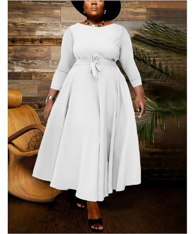 Women Plus Size Formal A Line Maxi Dress Self Tie Waist with Pockets Elegant Round Neck 3/4 Sleeve Swing Long Dresses A64 Pur...