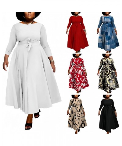 Women Plus Size Formal A Line Maxi Dress Self Tie Waist with Pockets Elegant Round Neck 3/4 Sleeve Swing Long Dresses A64 Pur...