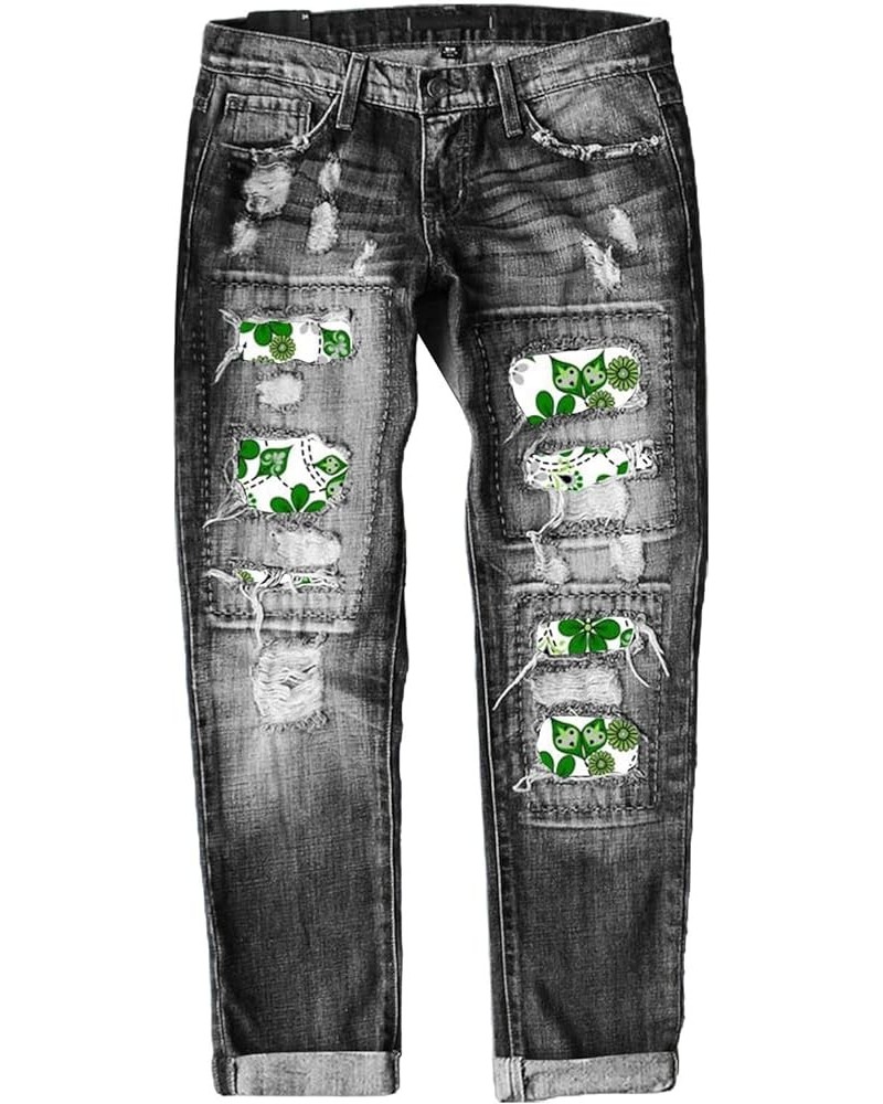 Womens Plaid Patch Ripped Boyfriend Distressed Stretch Skinny Denim Jeans with Hole St. Patrick's Day Green Trousers D-grey $...