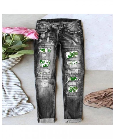 Womens Plaid Patch Ripped Boyfriend Distressed Stretch Skinny Denim Jeans with Hole St. Patrick's Day Green Trousers D-grey $...