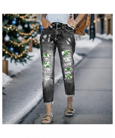 Womens Plaid Patch Ripped Boyfriend Distressed Stretch Skinny Denim Jeans with Hole St. Patrick's Day Green Trousers D-grey $...