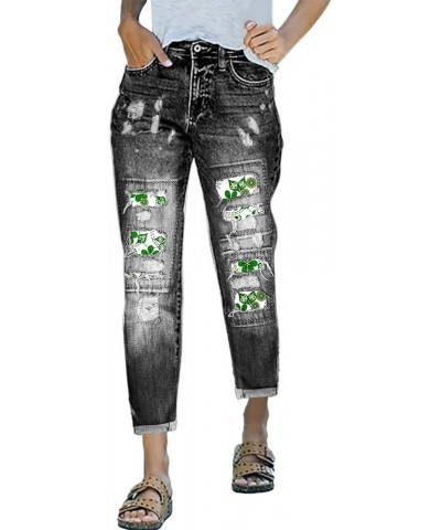 Womens Plaid Patch Ripped Boyfriend Distressed Stretch Skinny Denim Jeans with Hole St. Patrick's Day Green Trousers D-grey $...