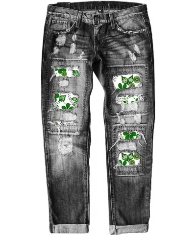 Womens Plaid Patch Ripped Boyfriend Distressed Stretch Skinny Denim Jeans with Hole St. Patrick's Day Green Trousers D-grey $...