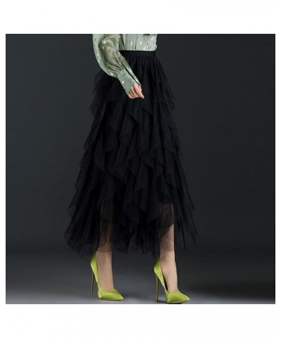 Women's Tulle Skirt Elastic High Waist Pleated A-line Midi Skirt Layered Mesh Flowy Tutu Skirts Wave Black for 23"-31.5" Wais...