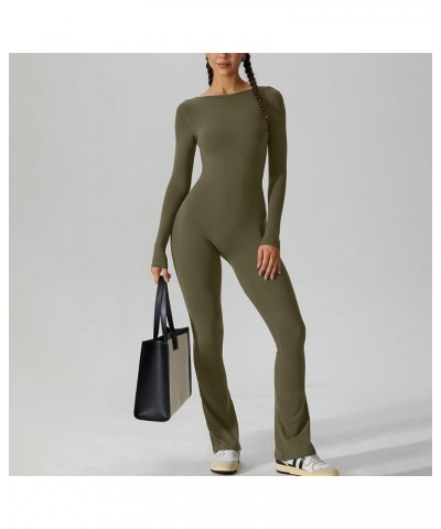 Women Square Neck Yoga Jumpsuits Workout Ribbed Long Sleeve Sport Jumpsuits High Waist Bodycon Jumpsuit Rompers 00- Army Gree...