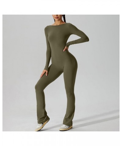 Women Square Neck Yoga Jumpsuits Workout Ribbed Long Sleeve Sport Jumpsuits High Waist Bodycon Jumpsuit Rompers 00- Army Gree...