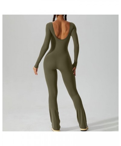 Women Square Neck Yoga Jumpsuits Workout Ribbed Long Sleeve Sport Jumpsuits High Waist Bodycon Jumpsuit Rompers 00- Army Gree...